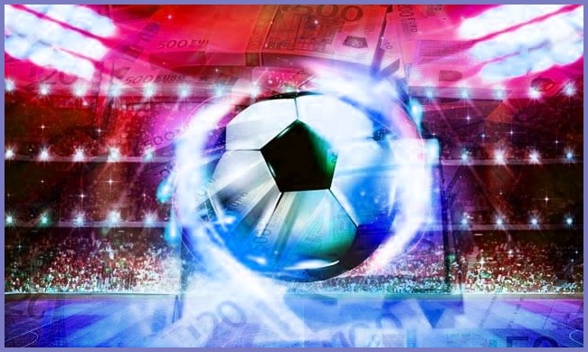 ユーロ紙幣を背景にスタジアムで行われたフットボール